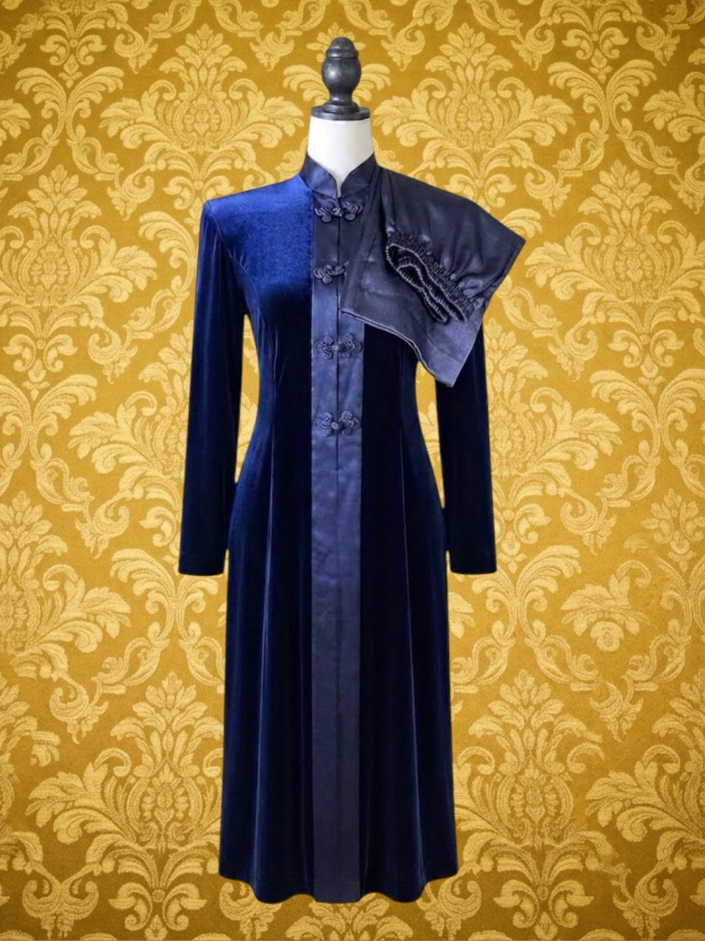 R & M Richards Vintage Pant Set Blue Velvet Satin Mandarin Collar Maximalist 8